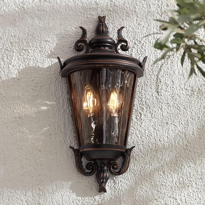John Timberland Casa Marseille Vintage Outdoor Wall Light Fixture Veranda Bronze 17" Champagne Hammered Glass for Exterior House Porch Patio Outside Deck Garage Yard Front Door Garden Home