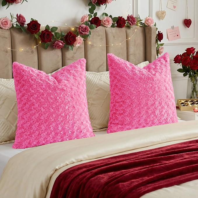 FUTEI Hot Pink Decorative Throw Pillow Covers 18x18 Inch Set of 2,Soft Solid Rose Swirl Textured Cushion Case,Valentine's Day Decor for Couch Living Room