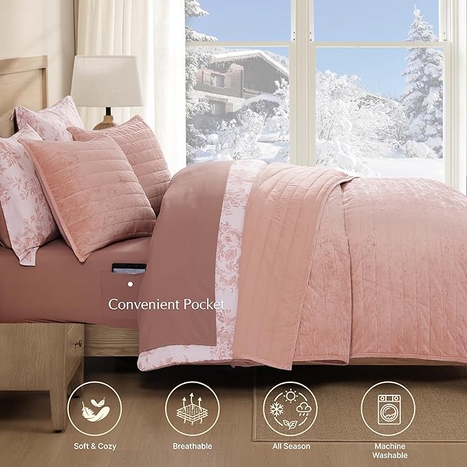 WRENSONGE Velvet Queen Quilt Set-3 Pieces Clay Pink Luxurious Velvet Striped Channel Comforter with 2 Shams, Soft Bedspread Coverlet Quilted Bedding Set for All Season