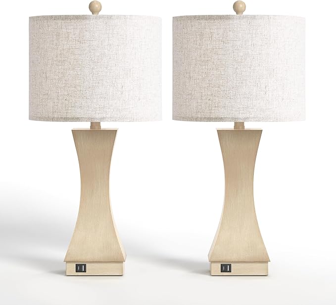 24.5" Modern Table Lamp Set of 2, 3-Way Dimmable Bedside Lamps with USB C & A Charging, Farmhouse Resin Nightstand Lamps with Linen Shade for Bedroom, Living Room, Home Office(Beige)