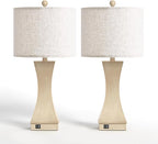 24.5" Modern Table Lamp Set of 2, 3-Way Dimmable Bedside Lamps with USB C & A Charging, Farmhouse Resin Nightstand Lamps with Linen Shade for Bedroom, Living Room, Home Office(Beige)