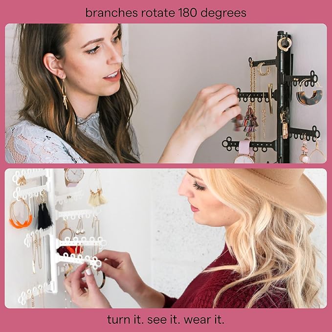 AllHungUp 12-Tier Wall Jewelry Organizer Wall Mounted Jewelry Organizer Necklace Holder Wall Mount Hanging Necklace Organizer Jewelry Hanger Wall Mounted Earring Holder Display Earring Organizer White