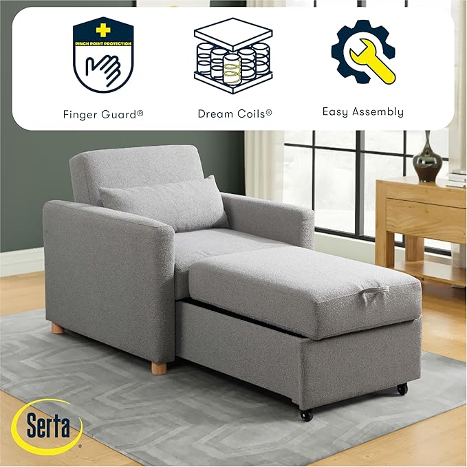 Serta® Corwin 36" Convertible Accent Chair, Dreamcoil® Comfort, FingerGuard® Pinch Point Protection, Polyester Boucle Fabric, Gray