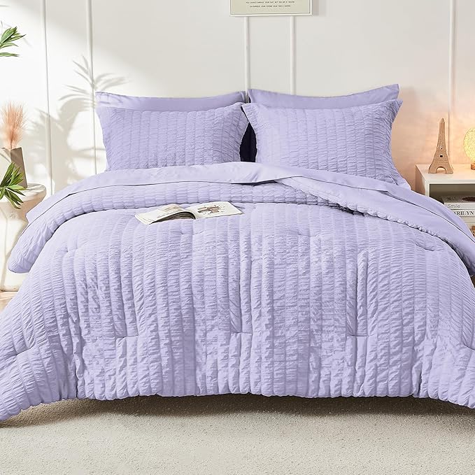 HYMOKEGE Light Purple Twin XL Comforter Set Seersucker 5 Pieces, All Season Luxury Bed in a Bag for Bedroom, Bedding Set with Comforter, Sheets, Pillowcase & Sham