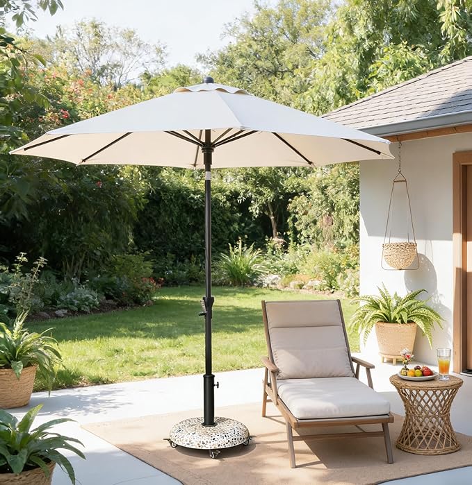 45lbs Patio Umbrella Base with 4 Wheels, Round Cobblestone Concrete Stand, Heavy Duty Market Umbrella Stand for Outdoor