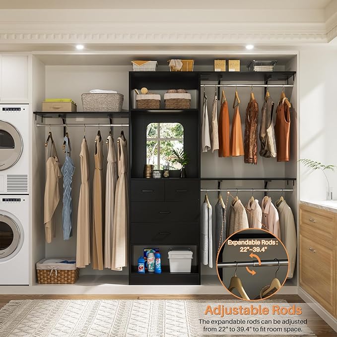 Unikito 8FT Closet System with 4 Drawers, 96" Wood Closet Organizer with Mirror and Hanging Rods, Sturdy Walk in Wardrobe Closet Insert with Tower, 96" W x 16" D x 80" H (Can Be Cut To Fit), Black