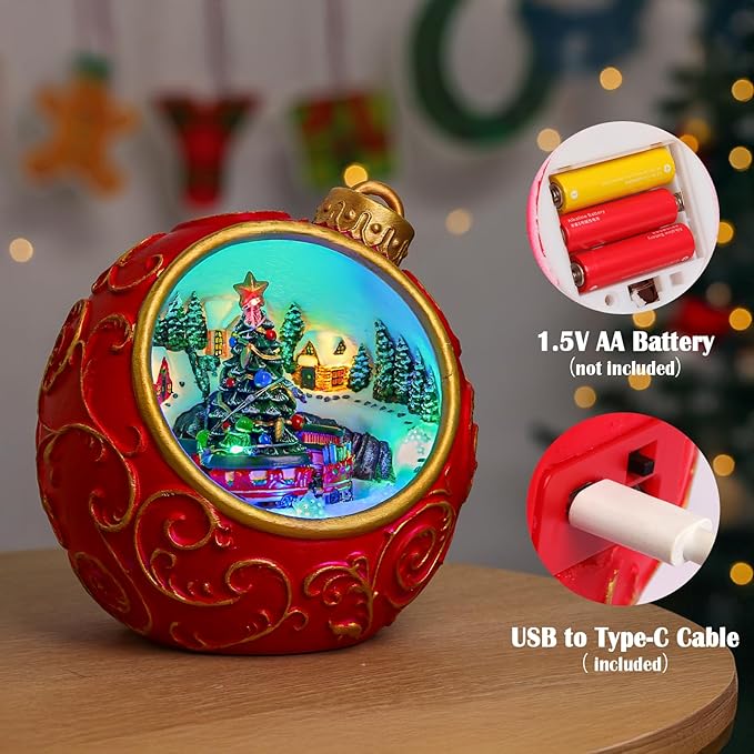 Christmas Village Scene Animated Rotating Train LED Lights Christmas Decorations Music with Volume Adjustment USB/Battery Timer Collectible Buildings Figurines Globe Gifts