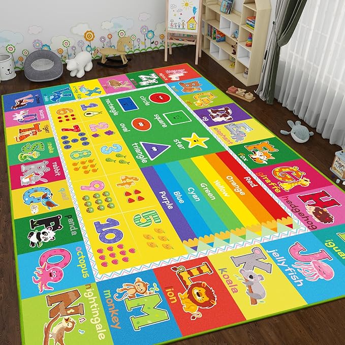 ABC Carpet, Kids Rugs for Playroom, Educational Play Mat for Kids, Preschool Rugs with ABC, Numbers, Animals Learning Carpet for Bedroom Playroom Classroom Baby Children (Yellow, 118X78.7 INCH)