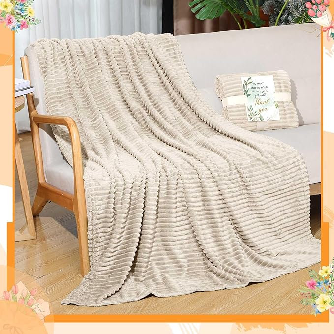 Buryeah 12 Pcs Wedding Flannel Fleece Throw Blanket Bulk with Thank You Card and Ribbon, 50 x 60 in Oeko-TEX Standard 100 Certified Blankets Outdoor Wedding, Guest Party Souvenirs (Khaki)
