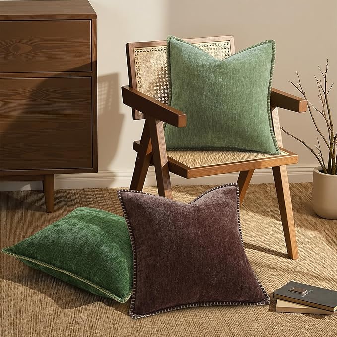 decorUhome Spring Chenille Soft Cozy Throw Pillow Covers 20x20 Set of 2, Modern Farmhouse Boho Velvet Decorative Pillow Cases with Stitched Edge for Couch Sofa Bed Home Decor, Chocolate
