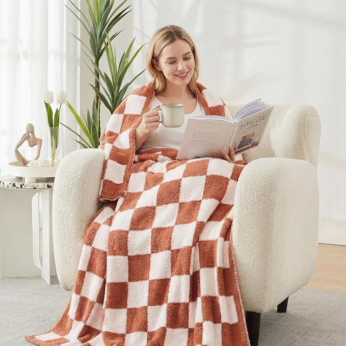 WRENSONGE Checkered Throw Blanket, Autumn Leaf Orange Soft Cozy Fluffy Warm Hand Made Throw Blankets for Couch, Sofa, Chair, Bed, Camping, Picnic, Travel Lightweight Bed Blanket - 60"*80"