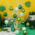 JULMELON 24 Pcs St. Patrick's Day Ornaments, 1.6 inches Shatterproof Shamrock Balls with Irish Blessings, Green White Plastic Tree Decorations for St. Patrick's Day Party, Festival