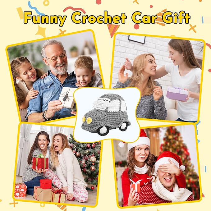Positive Funny Crochet Car, Emotional Support Mini Handmade Crochet Gift, Inspirational Birthday Gifts for Men Women Friends Boyfriend Dad Coworker, Grey