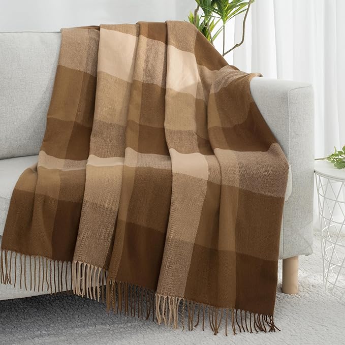 Buffalo Plaid Throw Blanket for Couch with Tassels,50"X60" Soft Lightweight Knitted Boho Decorative Blankets for Bed and Sofa Camel