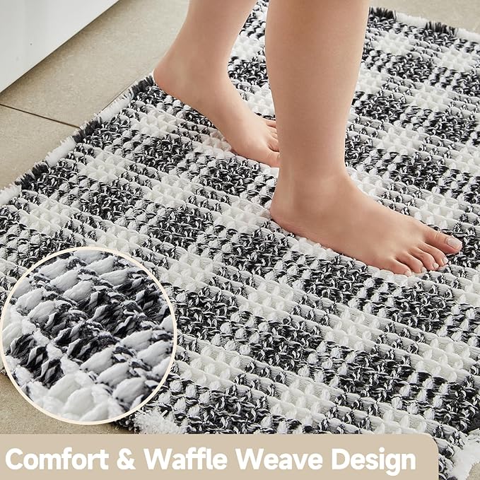 Waffle Bath Mat, Boho Bathroom Rugs Non Slip Washable Absorbent Checkered Bathroom Mat Quick Dry Farmhouse Bathroom Decor, 24"x16" Black and White