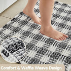 Waffle Bath Mat, Boho Bathroom Rugs Non Slip Washable Absorbent Checkered Bathroom Mat Quick Dry Farmhouse Bathroom Decor, 24"x16" Black and White