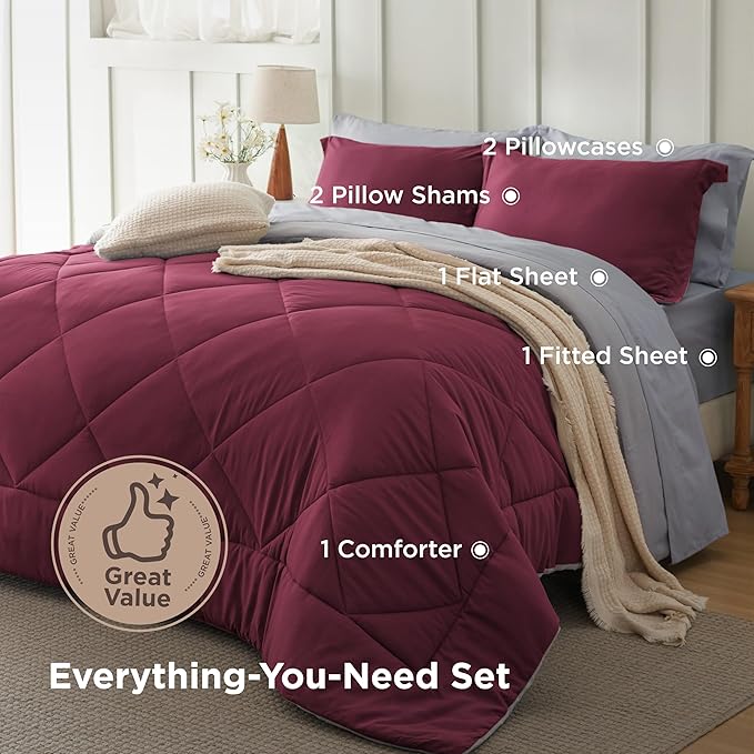 Bedsure King Size Comforter Set - 7 Pieces Reversible Burgundy Bedding, King Size Bed Set for All Seasons, Bed in a Bag with Down Alternative Comforter, Sheets, Pillowcases & Shams