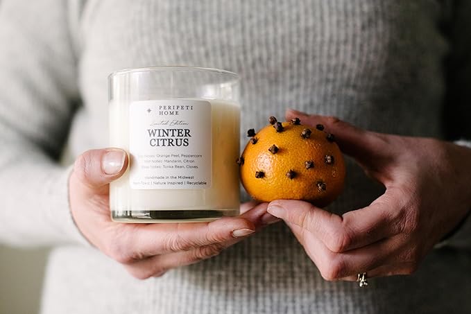 PERIPETI Home Winter Citrus Scented Candle, Wooden Wick – 8.5oz Natural Soy Wax for Energizing Aromatherapy, Long-Lasting Burn