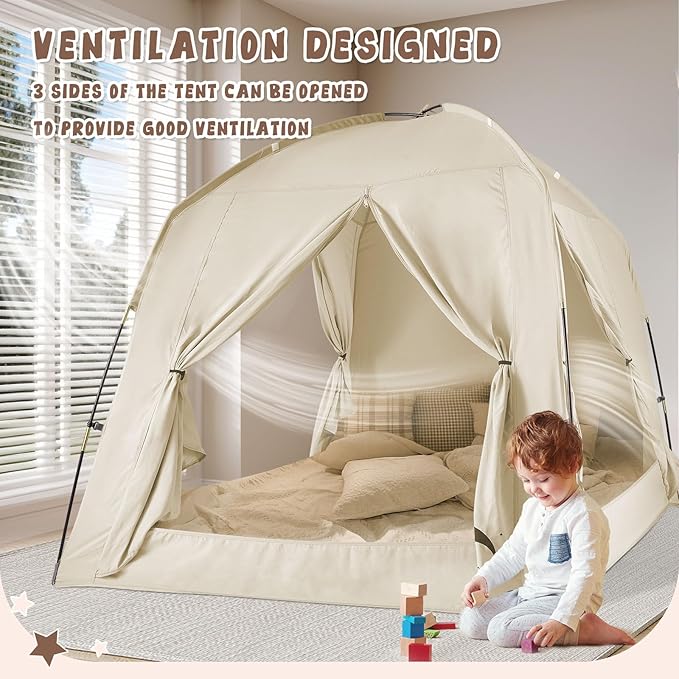 Bed Tents for Kids and Adult, Portable 100% Breathable and 85% Blackout Toddler Dream Play Tent, 3 Doors Privacy Space Sleeping Canopy for Indoor Floor or Twin Full Queen Sizes Bed (Khaki, Full-Size)