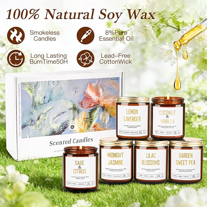 Candles for Home Scented - 6 Pack 42oz Soy Candles with Lavender, Coconut, Jasmine, Sage, Lilac Blossoms, Sweet Pea, 300 Hour Long Lasting Aromatherapy Candles Gift Set for Women, Christmas, Holiday