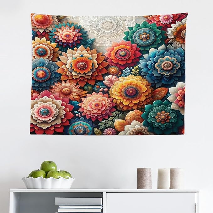 Ambesonne Flower Tapestry, Contemporary Wild Floral with Delicate Oriental Feel Petals Boho Hippie, Fabric Wall Hanging Decor for Bedroom Living Room Dorm, 28" X 23", Vermilion Teal Sea Blue
