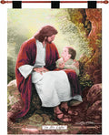 Manual Inspirational Collection 26 x 36 Inch Christian Hanging Multicolor Woven Wall Art Tapestry Décor with Finial Rod, “In His Light” by Greg Olsen, Portrait of Jesus & Small Child