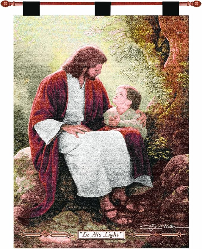 Manual Inspirational Collection 26 x 36 Inch Christian Hanging Multicolor Woven Wall Art Tapestry Décor with Finial Rod, “In His Light” by Greg Olsen, Portrait of Jesus & Small Child
