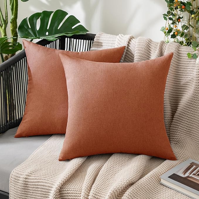 MIULEE Pack of 2 Decorative Outdoor Solid Waterproof Throw Pillow Covers Faux Linen Garden Farmhouse Cushion Cases for Summer Patio Tent Balcony Couch Sofa 20x20 Inch Rust