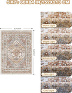 Area Rugs 5x7, Ultra-Thin Washable Rugs for Living Room, Anti-Slip Backing Area Rug for Bedroom, Soft Floral Vintage Home Decor Rug for Dining Room(Orange,5'x7')