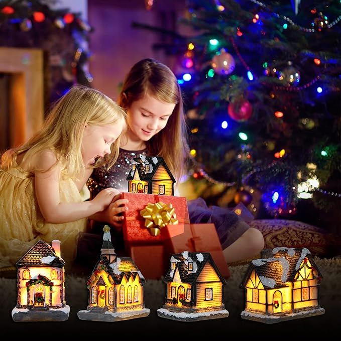 Christmas Decorations Village House Decor Xmas Lantern Decorative Resin House Collectible Buildings Figurine De Navidad Decoración with LED Light
