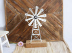 Rustic White Farmhouse Windmill Table Decor - Distressed Metal & Wood Windmill for Kitchen, Living Room, Office, or Shelf Decoration