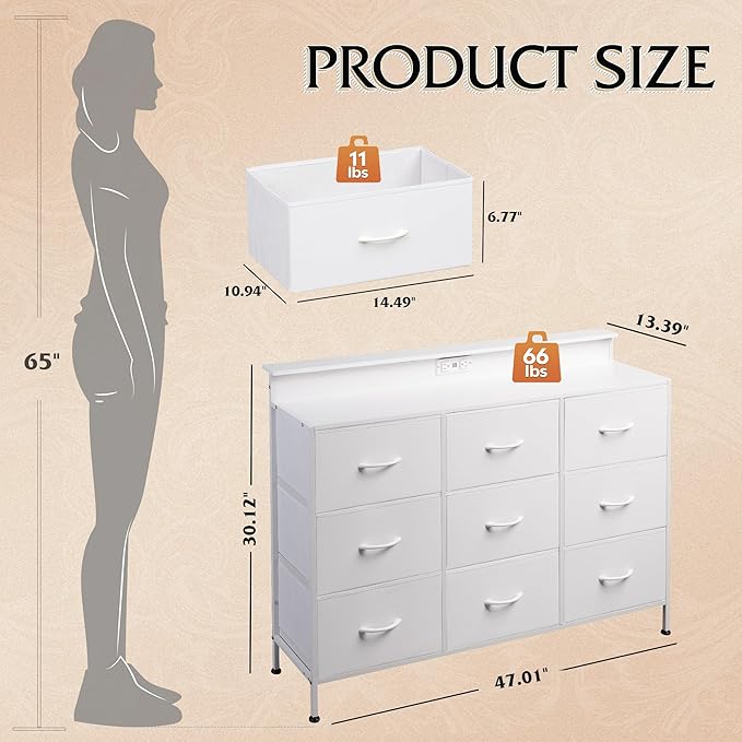 WLIVE White Dresser TV Stand for 45, 50, 55 inch TV, Entertainment Center with LED Lights & Charging Station, Chest of drawers with 9 Fabric Drawers and Open Shelves for Living Room, Hallway, Wood Top