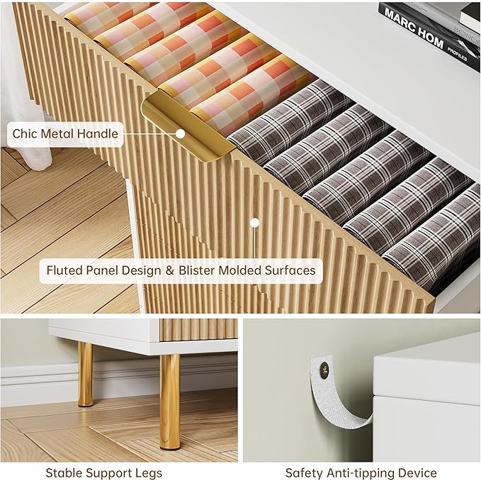 GarveeHome Natural Dresser, Modern 5 Drawer Dresser for Bedroom with Gold Handle and Large Drawer, Wood Double Chest of Drawers and Storage Organizer for Living Room, Hallway, Entryway