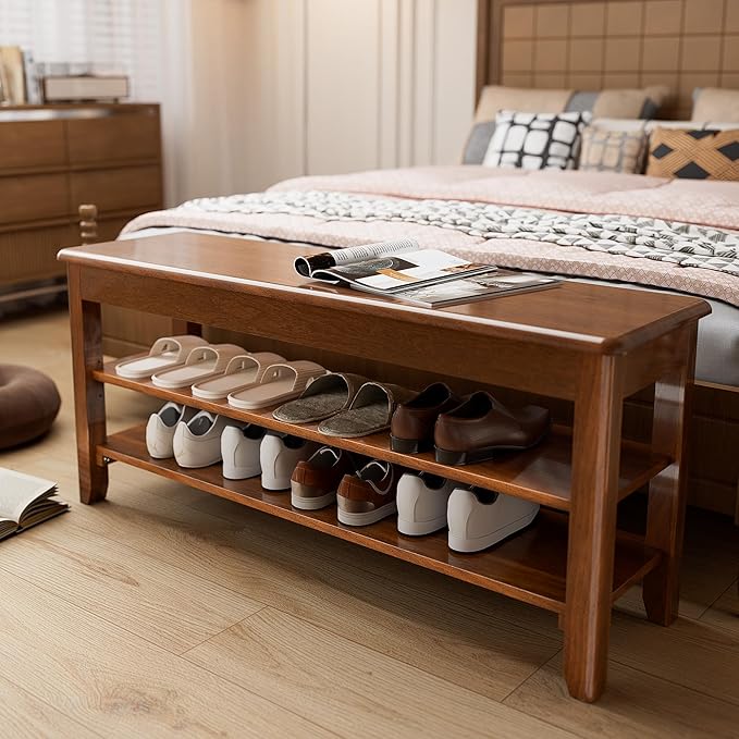 Shoe Storage Bench for Entryway - 3 Tier Shoe Rack for Front Door Entrance, Rubberwood Shoes Rack Height Adjustable, Entryway Bench with Shoes Storage for Any Room (Walnut, 39.4" W)