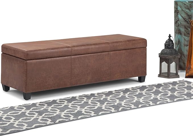 SIMPLIHOME Avalon Storage Ottoman Bench - 48 inch Wide Upholstered Vegan Leather Rectangular Lift-Top Ottoman in Distressed Umber Brown, Contemporary Bench for Living Room with High-Density Foam