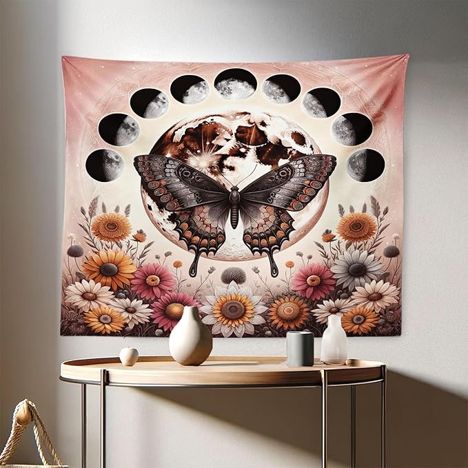 Ambesonne Boho Tapestry, Springtime Butterfly Art with Delicate Floral Garden and Dreamy Moon Circle, Fabric Wall Hanging Decor for Bedroom Living Room Dorm, 28" X 23", Pale Ruby Dark Taupe