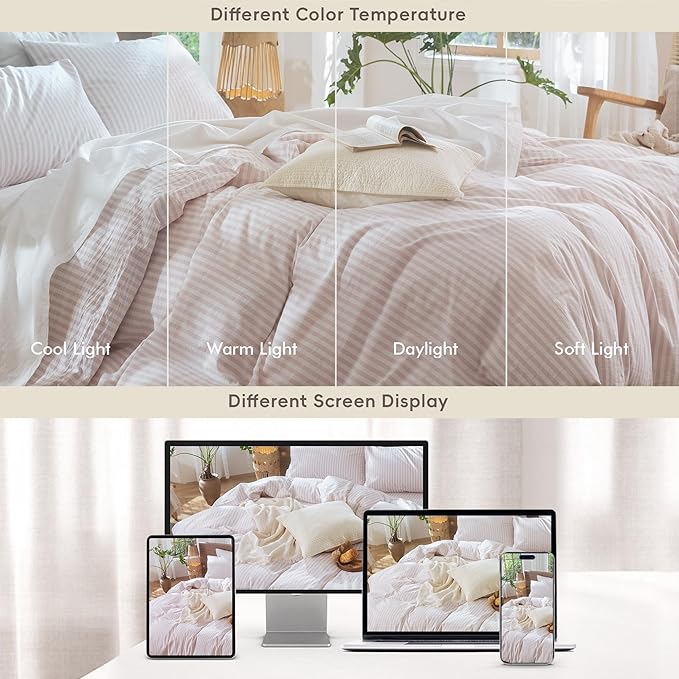 MooMee Striped Duvet Cover Set 100% Washed Cotton Linen Like Textured Breathable Durable Soft Comfy (Heathered Greyish Pink Classic Stripes, Full 80"x90")