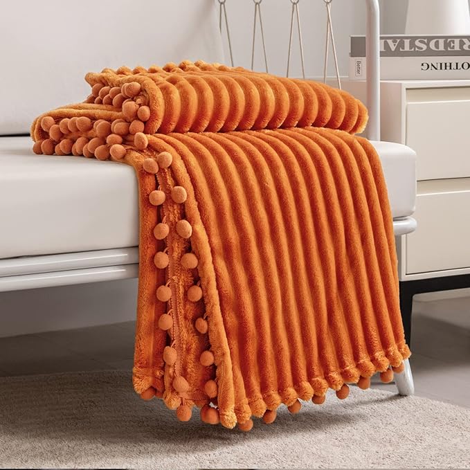 DISSA Fleece Blanket Twin Size – 60x80, Orange – Soft, Plush, Fluffy, Fuzzy, Warm, Cozy – Perfect Throw for Couch, Bed, Sofa - with Pompom Fringe - Flannel Blanket Throw Blanket