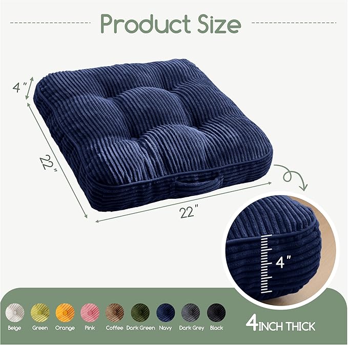 HIGOGOGO Washable Floor Pillow Cushion for Adults, Meditation Cushion Pillow, Large Square Floor Sitting, Removable Tufted Corduroy Cover, for Tatami Living Room or Yoga, 22x22 Inch, Machine Washable