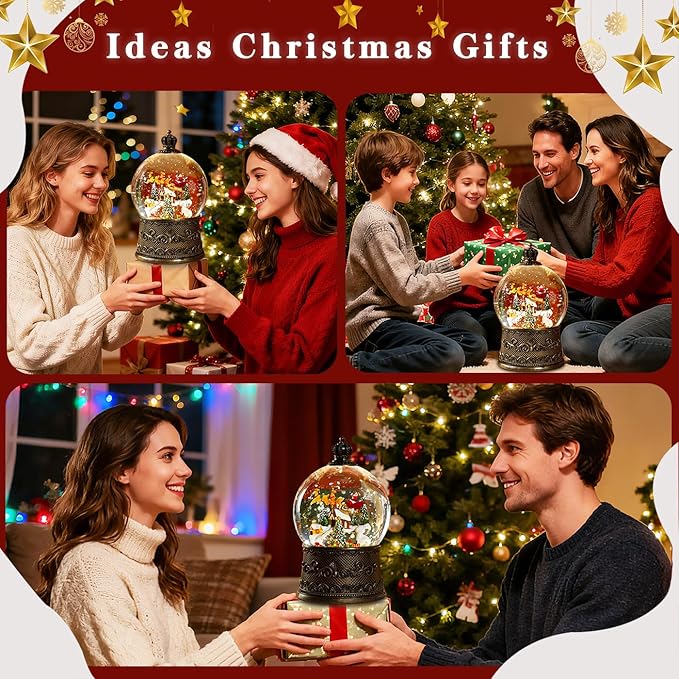100mm Christmas Snow Globe with Music and Waterfall Effects Featuring Flying Reindeer and Santa Snow Scene Power Options: USB Charging and Battery-Powered(Snow Village)