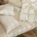 MooMee Striped Duvet Cover Set 100% Washed Cotton Linen Like Textured Breathable Durable Soft Comfy (Almond Milk Grey White Wide Stripes, Super King Plus 120"x120")