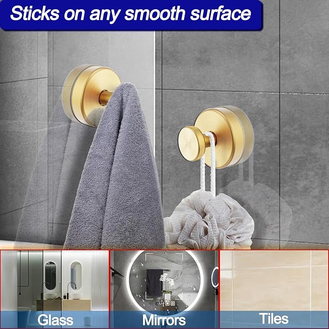 Suction Cup Hooks for Door Wreaths, Vacuum Suction Wreath Hanger for Front Door Window Glass, Bath Robe Looafh Shower Hooks for Inside Shower - 2 Pack, Gold1