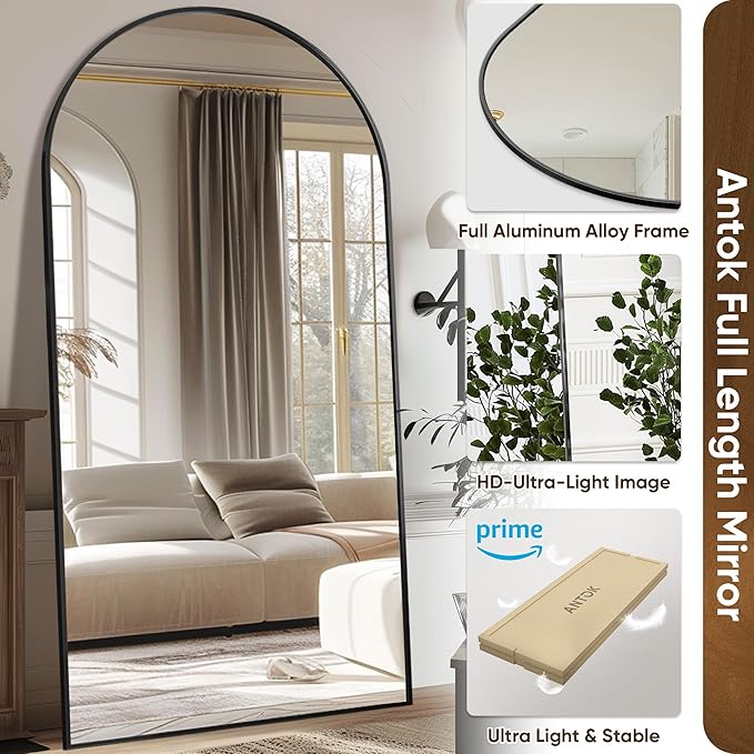 Antok Full Length Mirror, 81"x41" Oversized Floor Mirror Freestanding, Full Body Floor Standing Mirror with Stand, Hanging Mounted for Living Room Cloakroom,Black,Arched Style