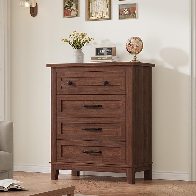 GarveeHome 4 Dresser for Bedroom, 34.8 in Tall Vertical Drawer Dresser with Large Storage, Freestanding Wooden Closet Chest for Bedroom, Living Room, Walunt