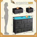 WLIVE Led Dresser for Bedroom, TV Stand for Bedroom with LED Lights and Power Outlet, Wide Chest of Drawers for Hallway, 8 Fabric Drawers for Living Room and Entryway, Charcoal Black Wood Grain Print