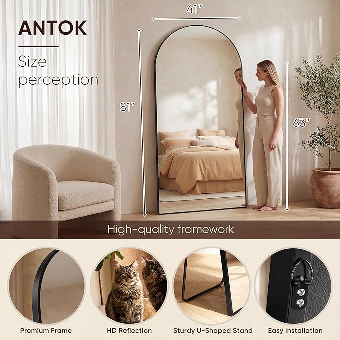 Antok Full Length Mirror, 81"x41" Floor Mirror, Arched Floor Standing Freestanding Arch Full Body Mirrors with Stand for Bedroom, Hanging Mounted for Living Room Cloakroom,Black