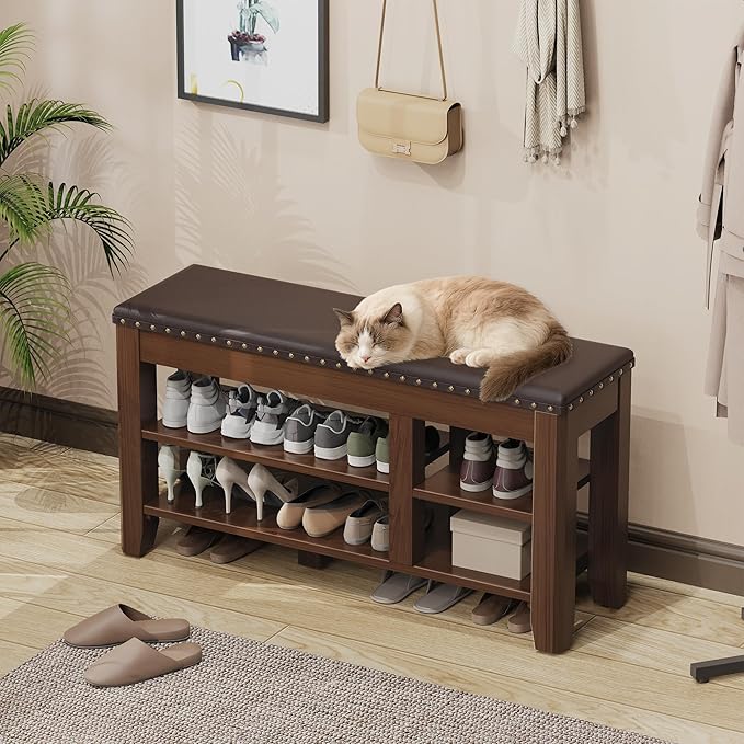 Shoe Bench for Entryway, Solid Rubberwood Shoe Bench with Hidden Storage, Adjustable 2-Tier Shelves & Soft PU Leather Seat, Shoe Rack Durable Easy Assembly for Hallway or Bedroom - Brown, 39.4"