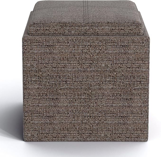 SIMPLIHOME Rockwood Cube Storage Ottoman with Tray - 17 inch Wide Upholstered Tweed Look Fabric Square Storage Ottoman in Mink Brown, Contemporary Cube Ottoman for Living Room with Serving Tray