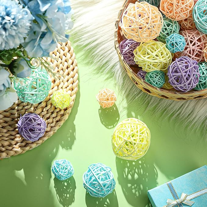 Patelai 72 Pcs Wicker Rattan Balls Decorative Balls for Vase Centerpiece Bowls Orbs Filler for Spring Summer Craft Home Decor, 4 Sizes (Macaron Color)