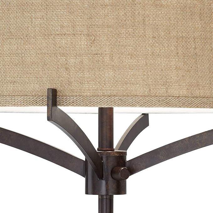 Franklin Iron Works Tremont Modern Mid Century Floor Lamp Standing 62" Tall Deep Bronze Metal Tan Burlap Drum Shade for Living Room Reading Bedroom Office House Home Decor
